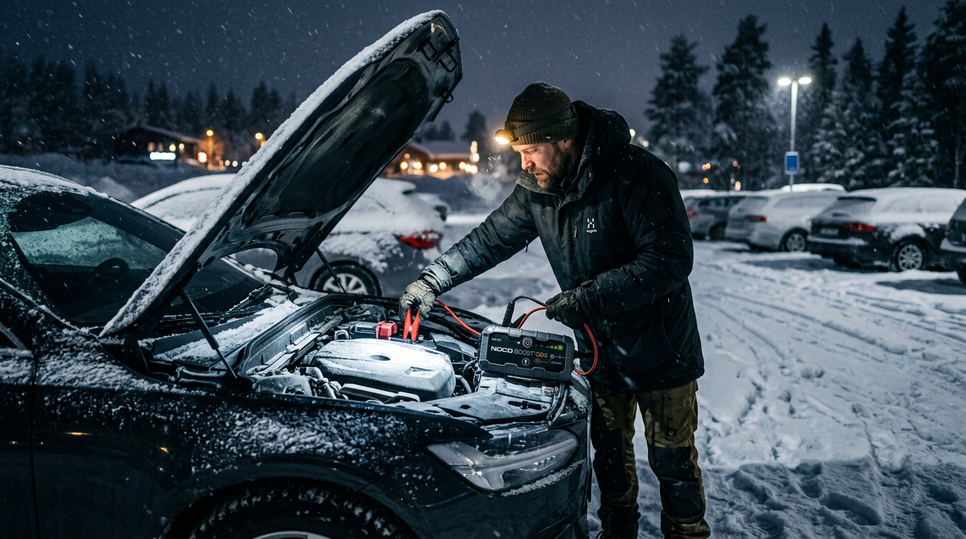 Person kobler startbooster til bilbatteri på vinterplass